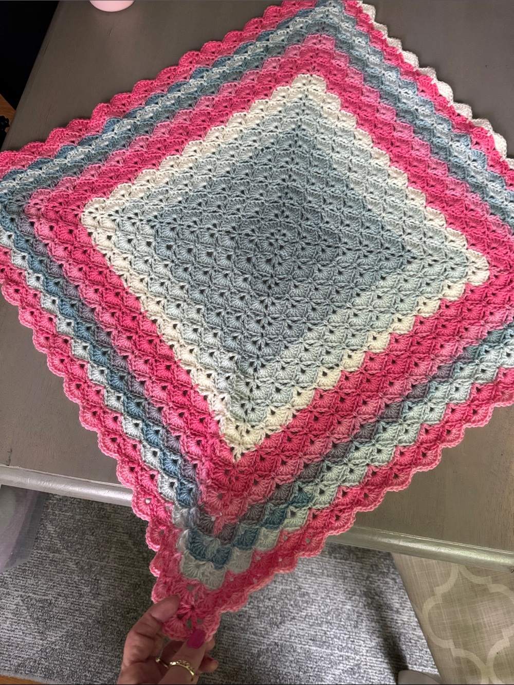 Hand-Crocheted Blanket in Pink, Gray, Cream, Blue - Baby Blanket Gender Reveal